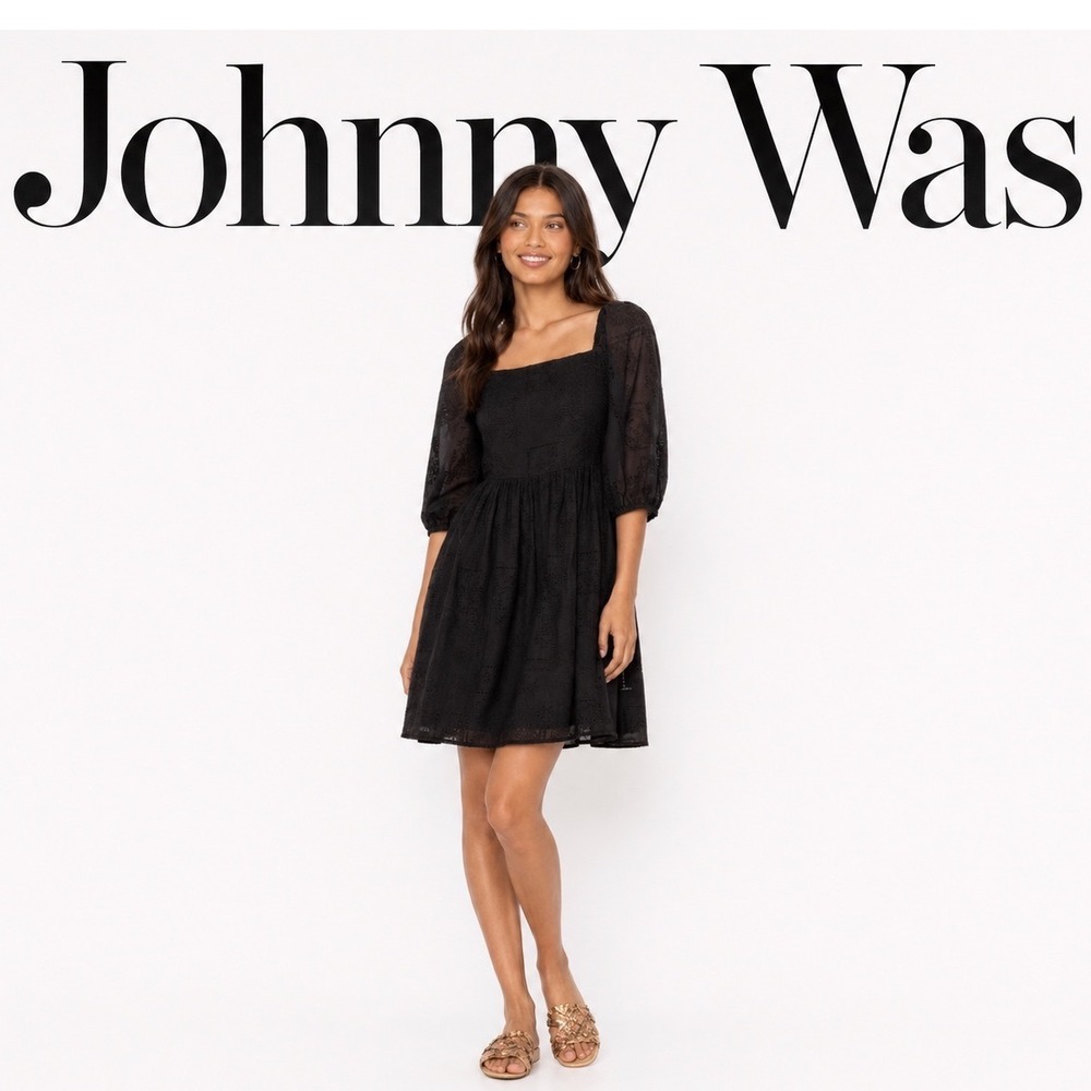 Johnny Was Black Eyelet Cotton Silk Mini Dress Small